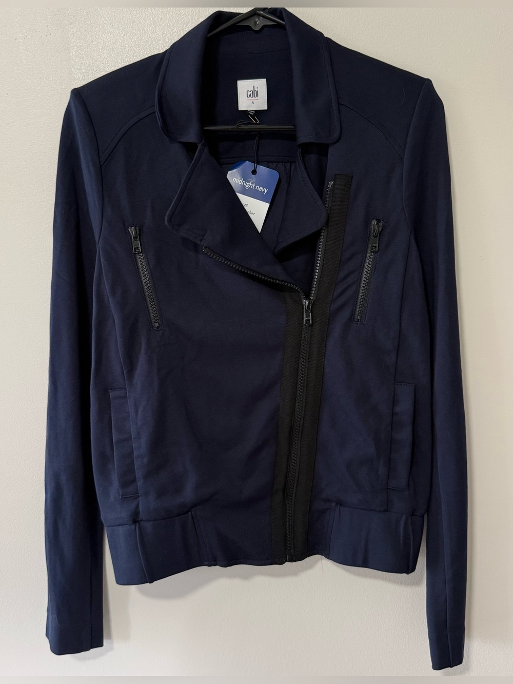 Cabi Chance Navy Blue Asymmetrical Zip Moto Jacket Women's Small